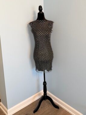Black Rhinestone Mesh Overlay Mini Dress XS Glam Party Dress